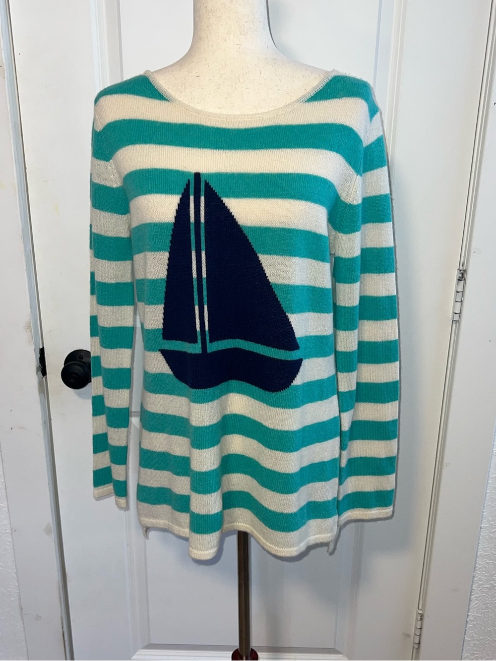 100% Cashmere Nautical Aqua Navy Striped Sail Boat Sweater Hannah Rose Preppy